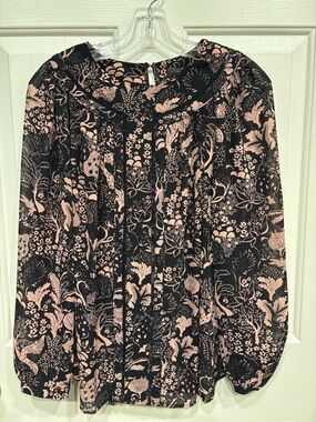ANN TAYLOR Navy and Pink Floral Button-Front Blouse